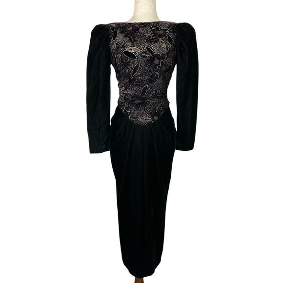 Vintage Jessica McClintock Dress Women Size 4 Black Velvet Metallic Formal Party - Picture 1 of 15